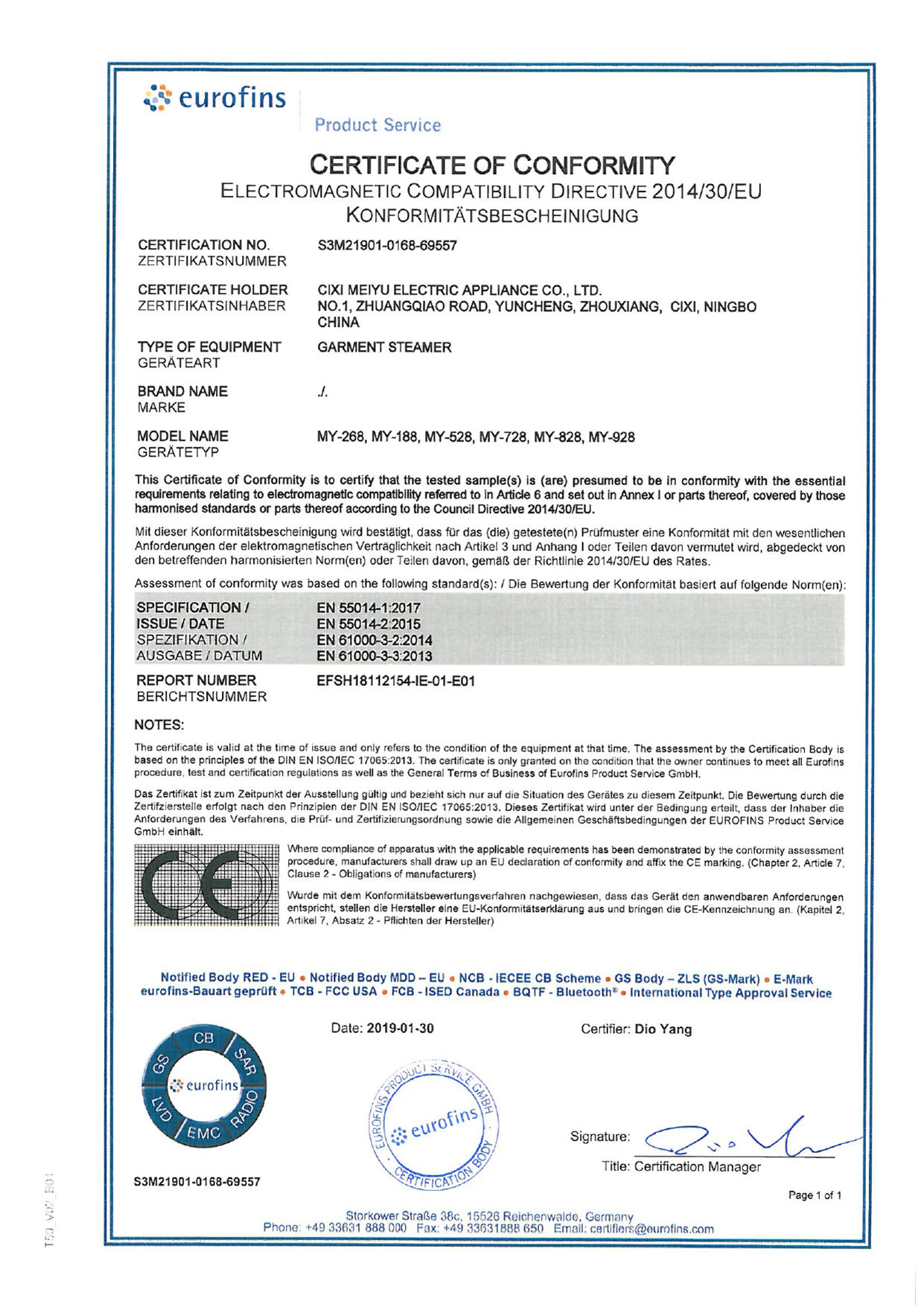 EMC-sertifikat S3M21901-0168-69557_EMC CoC EMC-sertifikat S3M21901-0168-69557_EMC CoC